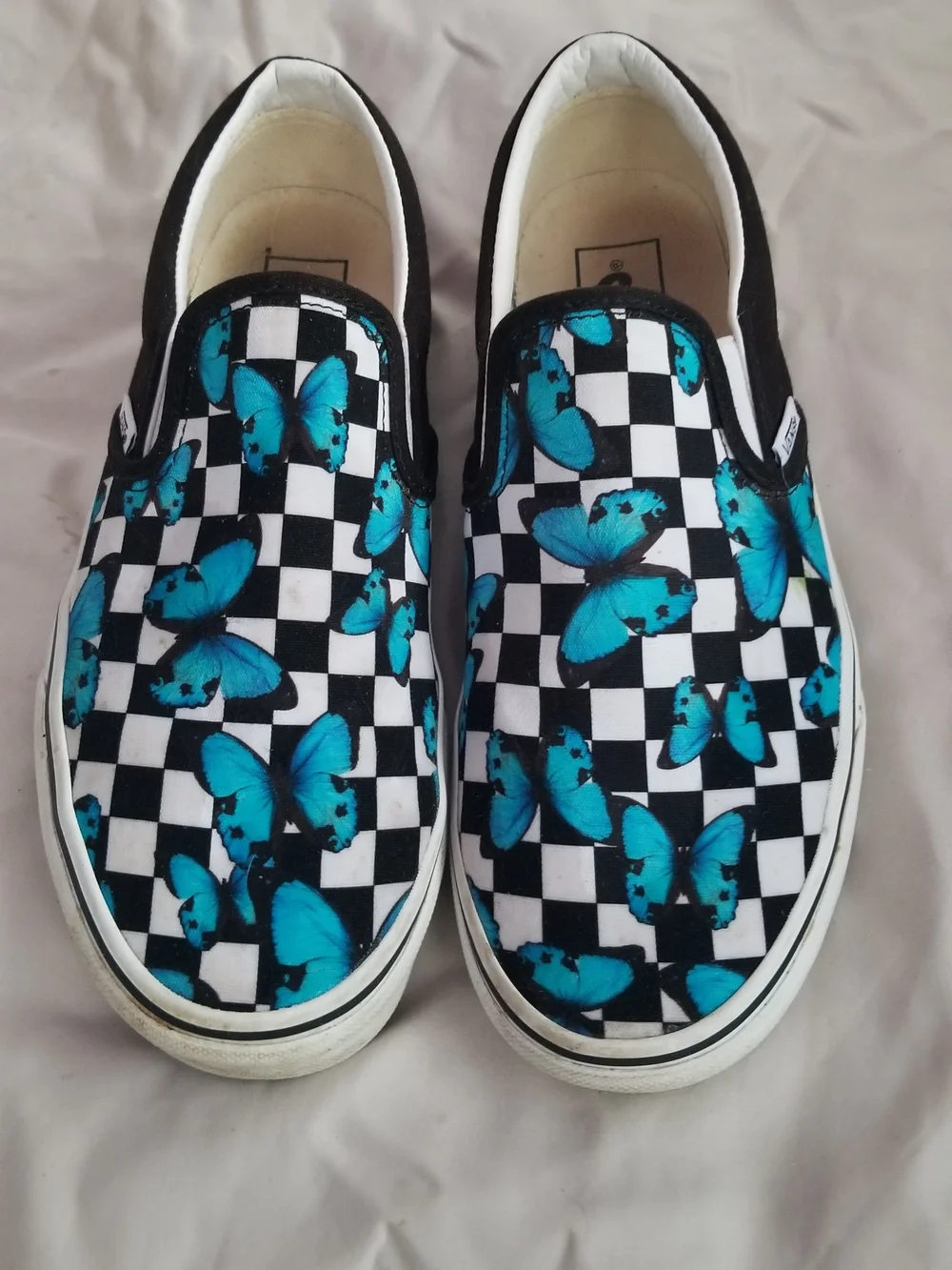 Vans Women's 9 Black & White Checkerboard Slip-Ons with Blue Butterfly Print -31